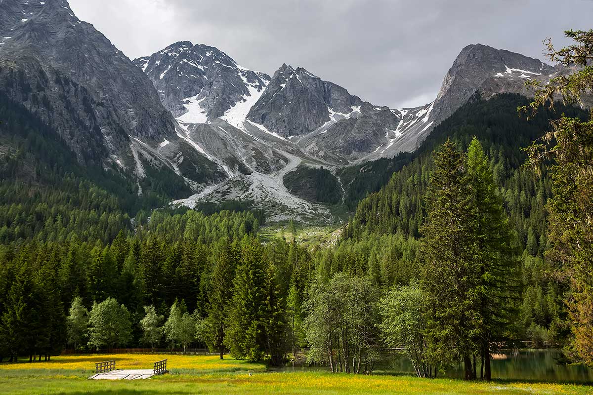 The stunning mountain area around the Antholzer See in South Tyrol, Italy.