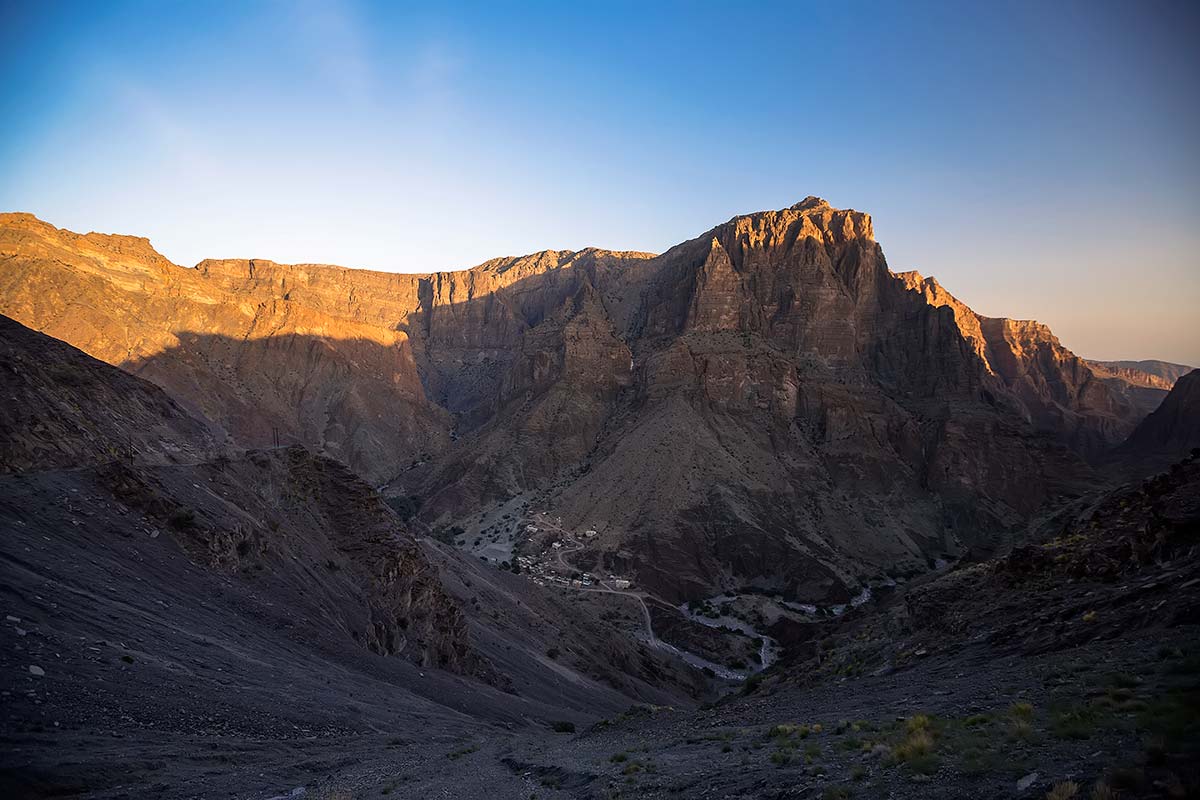 The landscape of Jebel Akhdar in Oman, with Jebel Shams as its highest point.