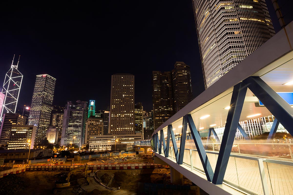 Walking across the overpath towards Hong Kong Central.