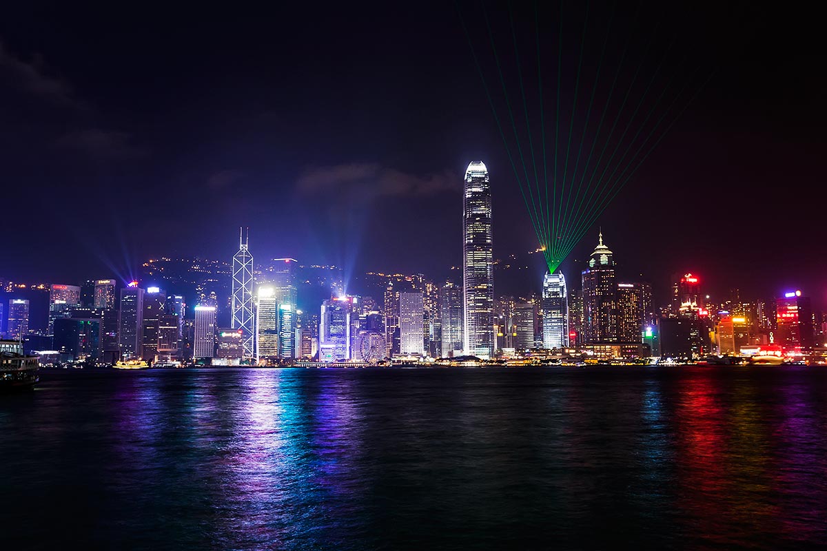 The "Symphony of Lights" laser show is one of the major attractions in Hong Kong. The "Symphony of Lights" laser show is one of the major attractions in Hong Kong.