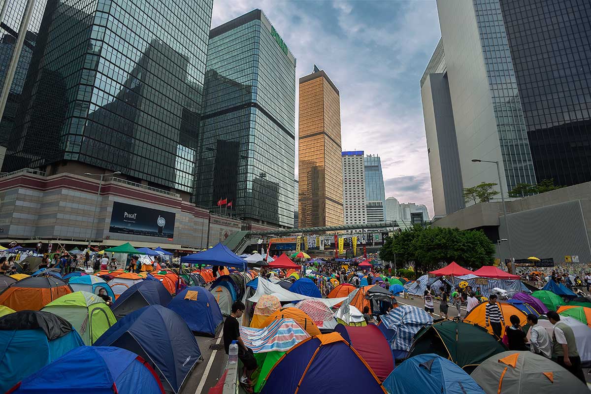 A large encampment of Umbrella Movement protesters in Hong Kong’s Admiralty district, home to the city’s main government offices.