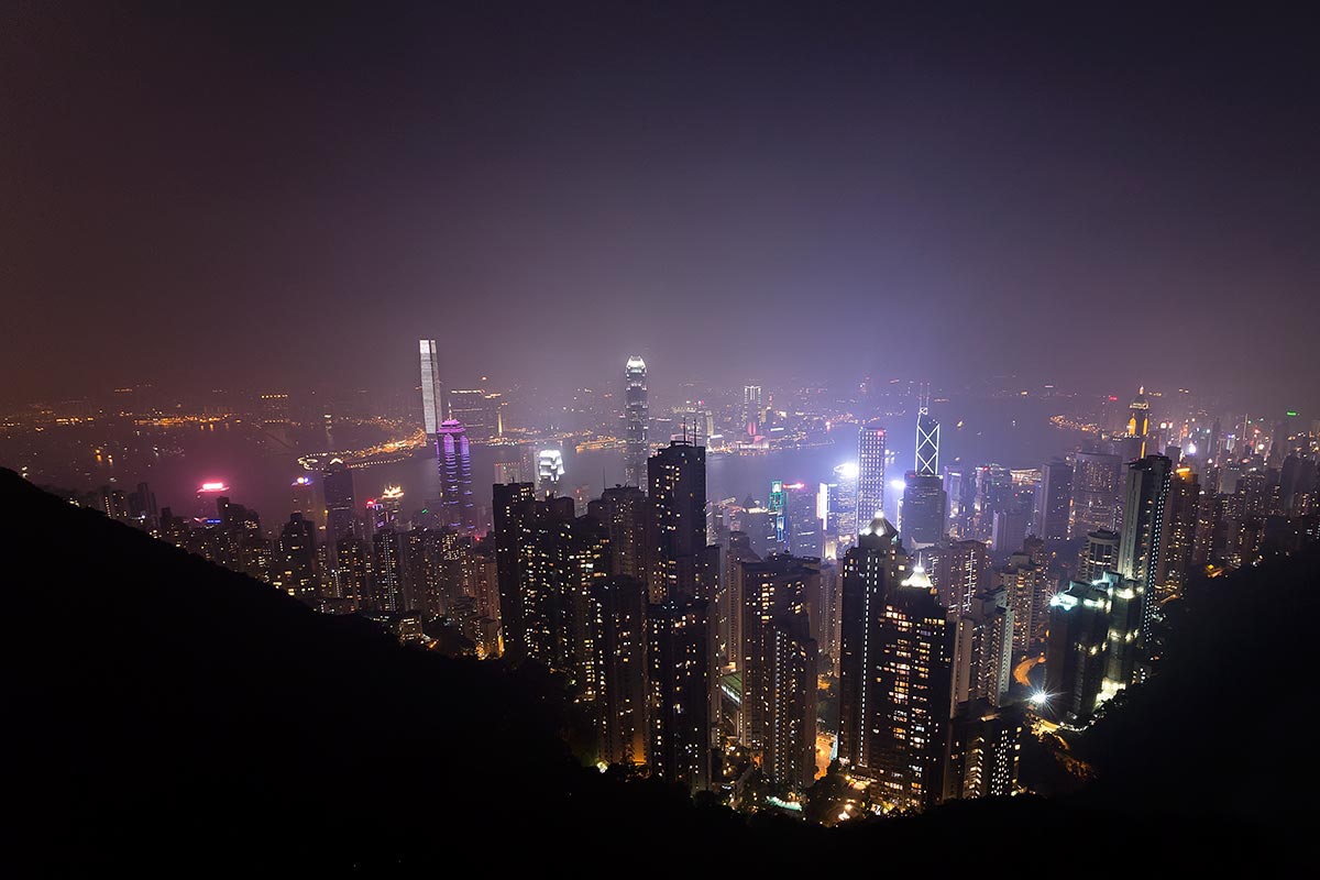 View from Victoria Peak looking north towards Victoria Harbour and Kowloon at night.