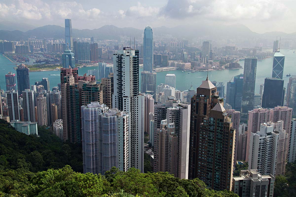 View from Victoria Peak looking north towards Victoria Harbour and Kowloon during the day.