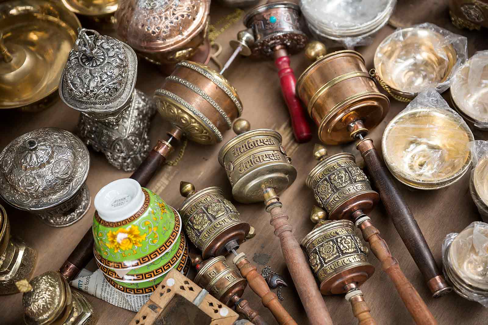 Tibetan handicraft items including prayer wheels, Buddhist masks and paintings can be purchased at the markets in Leh.