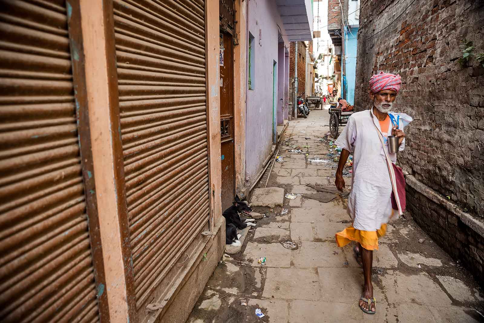 The old city of Varanasi extends about two kilometres back from the river and is a maze of alleyways and streets.