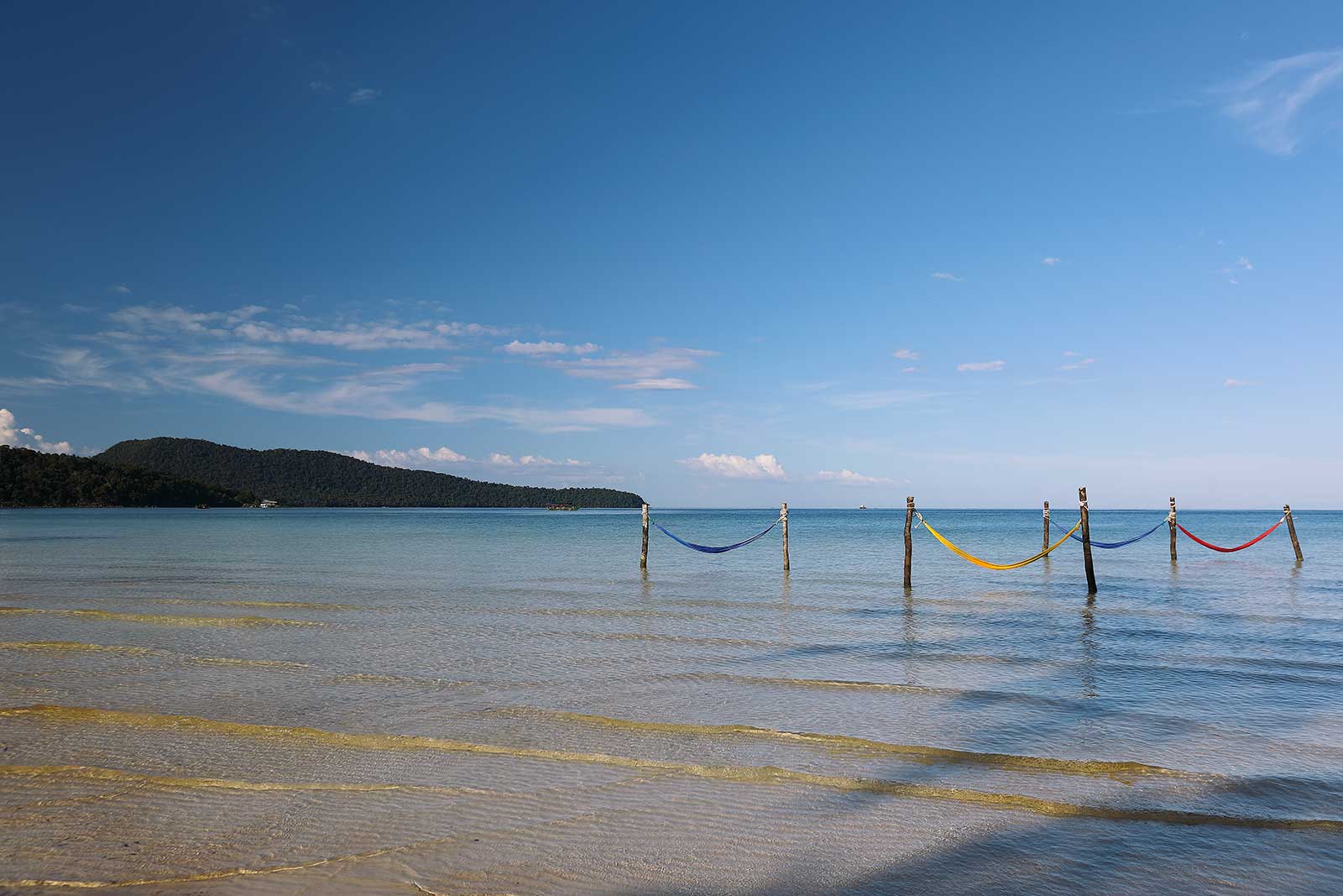 This was right in front of GreenBlue Resort on Koh Rong Samloem. The hammocks right above the water are great when the tide comes in.